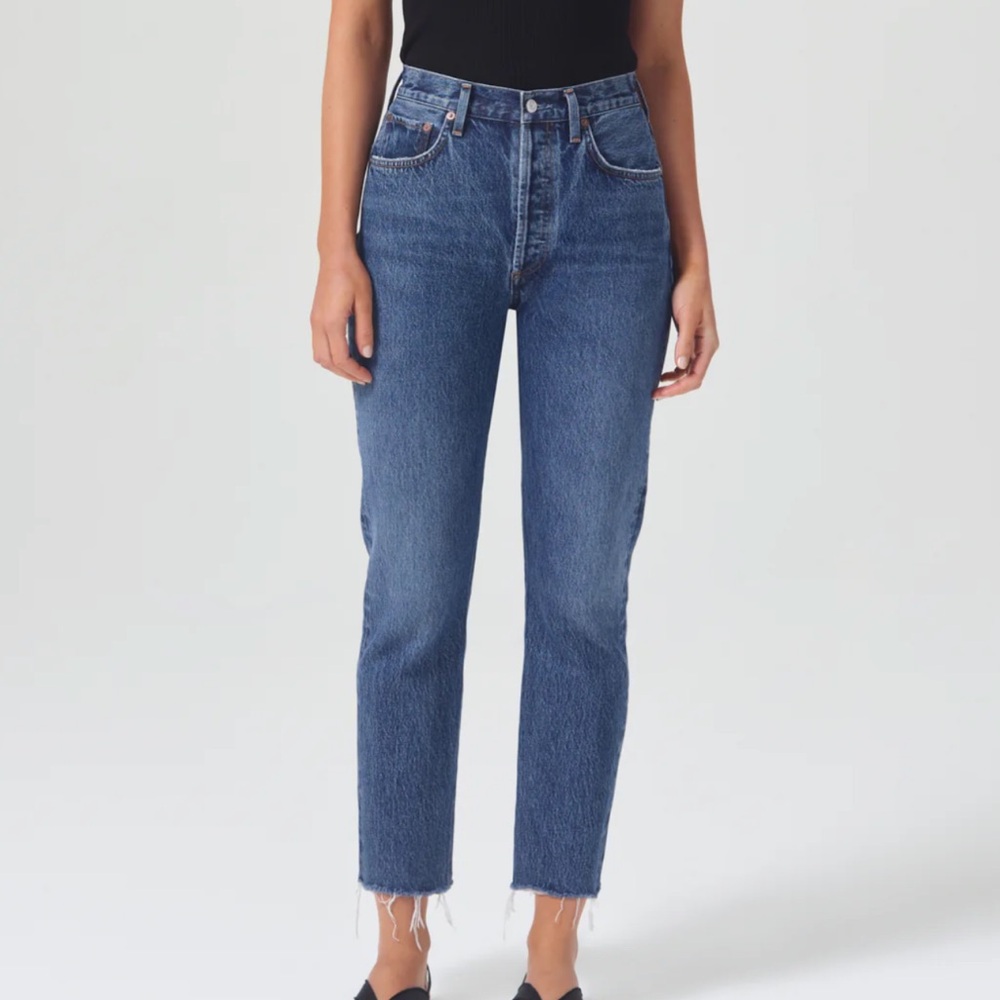Agolde Kye Mid Rise Straight Jeans Mirage Blue Raw Hem 28